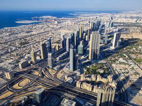 Stunning Dubai skyline featuring luxury hotels and resorts along the coastline with Burj Al Arab in view