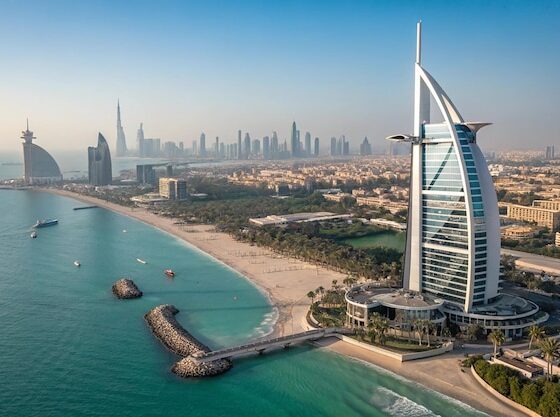 "Stunning sunset view of Burj Khalifa from Downtown Dubai boulevard, one of the most popular Dubai Instagram spots"