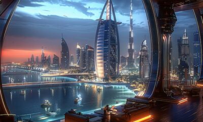 A professional working remotely in Dubai with the city's impressive skyline in the background.
