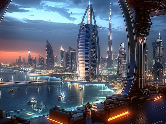 A professional working remotely in Dubai with the city's impressive skyline in the background.